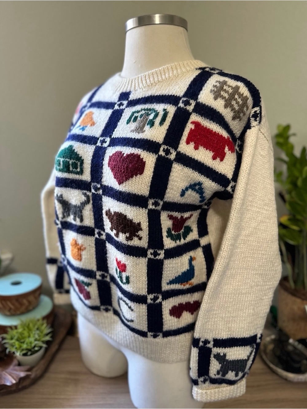 VTG 80s Preswick Moore Pure Virgin Wool Sampler Sweater Hand Knit Uruguay L